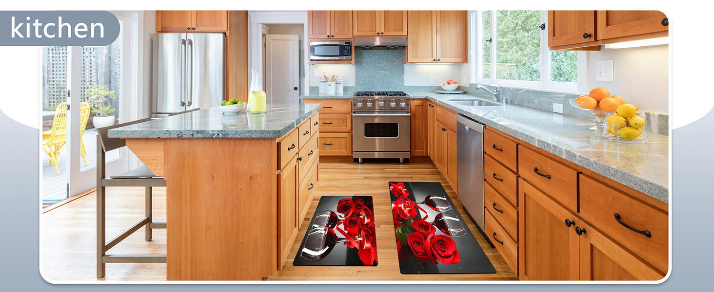Red Wine Kitchen Rugs and Mats Set of 2 Modern Rose Anti Fatigue Kitchen Floor Mat Non-Skid Washable Kitchen Runner Rug for Kitchen Sink Laundry