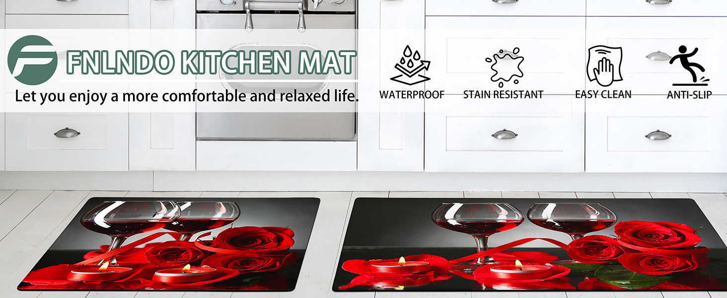 Red Wine Kitchen Rugs and Mats Set of 2 Modern Rose Anti Fatigue Kitchen Floor Mat Non-Skid Washable Kitchen Runner Rug for Kitchen Sink Laundry