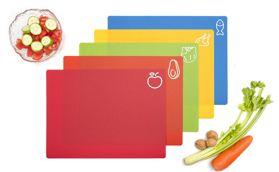 Goodluck 5 Pieces Flexible Cutting Boards, BPA Free Plastic Cutting Boards for Kitchen, Non Slip Cutting Mat for Meat and Vegetables