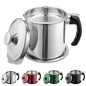 Kyraton Bacon Grease Container With Strainer, 48 oz Stainless Steel Oil Container, Pot Fat Storage With Lid, Easy Grip Handle Suitable For Storing Frying Oil And Cooking Grease 1. Silver