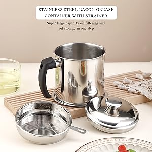 Kyraton Bacon Grease Container With Strainer, 48 oz Stainless Steel Oil Container, Pot Fat Storage With Lid, Easy Grip Handle Suitable For Storing Frying Oil And Cooking Grease 1. Silver