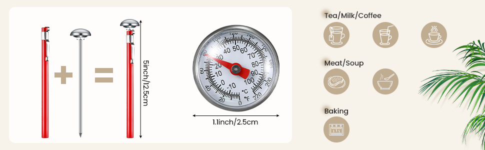 Xuhal 6 Pcs Stainless Steel Kitchen Thermometer with 5 Inch Long Stem 1 Inch Dial Thermometer Milk Frothing Food for Oven Probe Meat Grill BBQ Cooking Chocolate Water(Red)