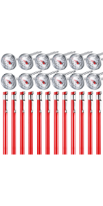 Xuhal 6 Pcs Stainless Steel Kitchen Thermometer with 5 Inch Long Stem 1 Inch Dial Thermometer Milk Frothing Food for Oven Probe Meat Grill BBQ Cooking Chocolate Water(Red)