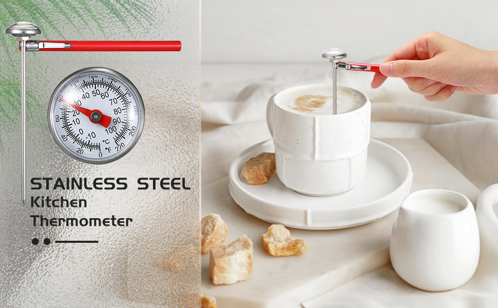 Xuhal 6 Pcs Stainless Steel Kitchen Thermometer with 5 Inch Long Stem 1 Inch Dial Thermometer Milk Frothing Food for Oven Probe Meat Grill BBQ Cooking Chocolate Water(Red)