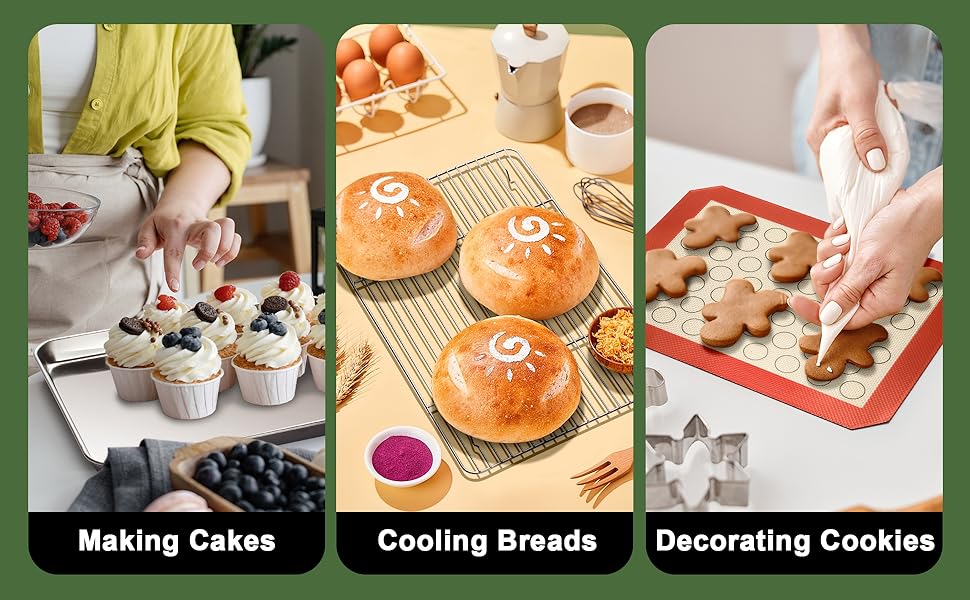 Baking Sheet Tray Cooling Rack with Silicone Baking Mat Set, Stainless Steel Cookie Pan For Oven, Set of 9 (3 Sheets + 3 Racks + 3 Mats), Warp Resistant & Heavy Duty & Easy Clean, Red