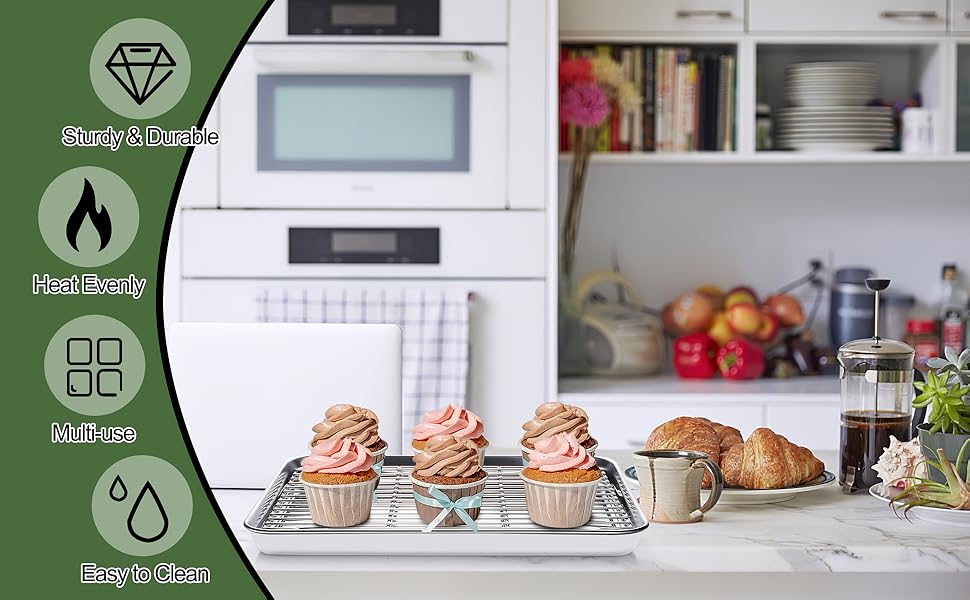Baking Sheet Tray Cooling Rack with Silicone Baking Mat Set, Stainless Steel Cookie Pan For Oven, Set of 9 (3 Sheets + 3 Racks + 3 Mats), Warp Resistant & Heavy Duty & Easy Clean, Red