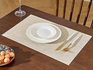 Leetaltree Beige Placemats Set of 4 - Heat Resistant Non-Slip Place mats for Dining Table, Washable Durable PVC Vinyl Woven Table Mats（Beige, 4）