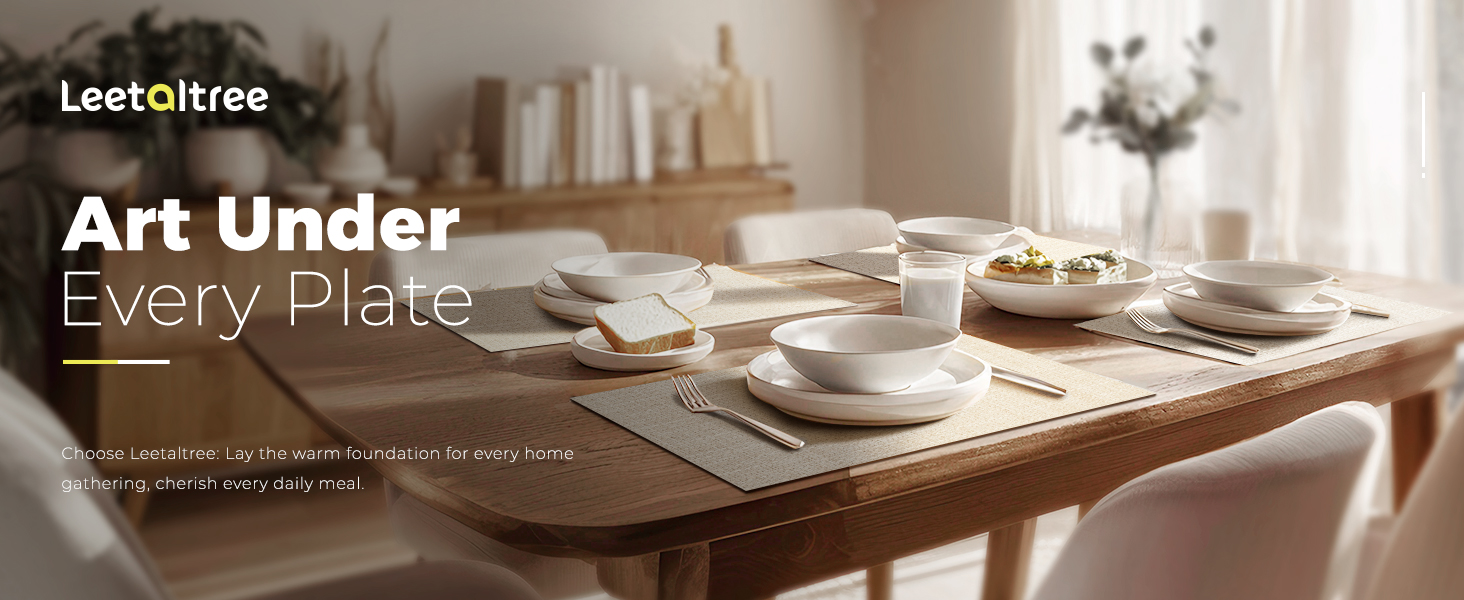 Leetaltree Beige Placemats Set of 4 - Heat Resistant Non-Slip Place mats for Dining Table, Washable Durable PVC Vinyl Woven Table Mats（Beige, 4）