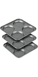 Tiawudi Muffin Top Pan, 4-Cup Hamburger Bun Pan, Large Whoopie Pies Pan, Non-Stick Bakeware for Eggs, Cornbread, Small Cake Layers and Drop Cookies, Set of 3
