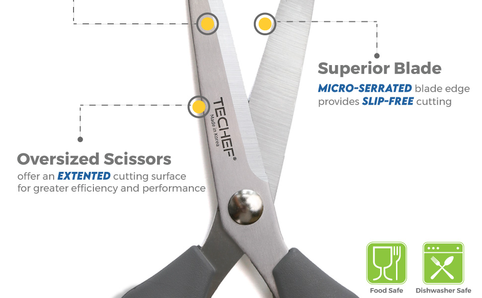 TECHEF Kitchen Shears, All Purpose Scissors, Dishwasher Safe, Heavy Duty Meat Scissors Poultry Shears, Stainless Steel, Made in Korea (Dark Gray)