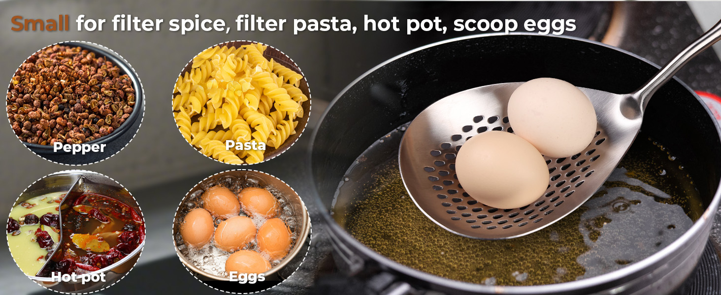 Skimmer Slotted Spoon -16.5in 304 Stainless Steel Pasta Spider Strainer Skimmer Ladle Spoon for Cooking and Frying - Kitchen Metal Scoop Colander Strainer Spoon with Heat Resistant Black Wooden Handle