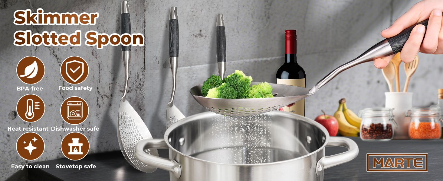 Skimmer Slotted Spoon -16.5in 304 Stainless Steel Pasta Spider Strainer Skimmer Ladle Spoon for Cooking and Frying - Kitchen Metal Scoop Colander Strainer Spoon with Heat Resistant Black Wooden Handle