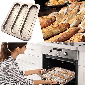 Baguette Pan French Bread Mold Carbon Steel Perforated 3 Cavity Baking Bocadillo Tray Nonstick Long Loaf Toast Cake Mould Bakeware Baking Pans for Oven