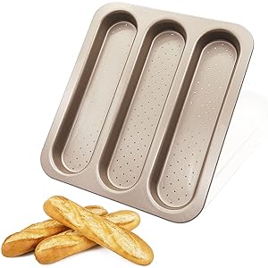 Baguette Pan French Bread Mold Carbon Steel Perforated 3 Cavity Baking Bocadillo Tray Nonstick Long Loaf Toast Cake Mould Bakeware Baking Pans for Oven