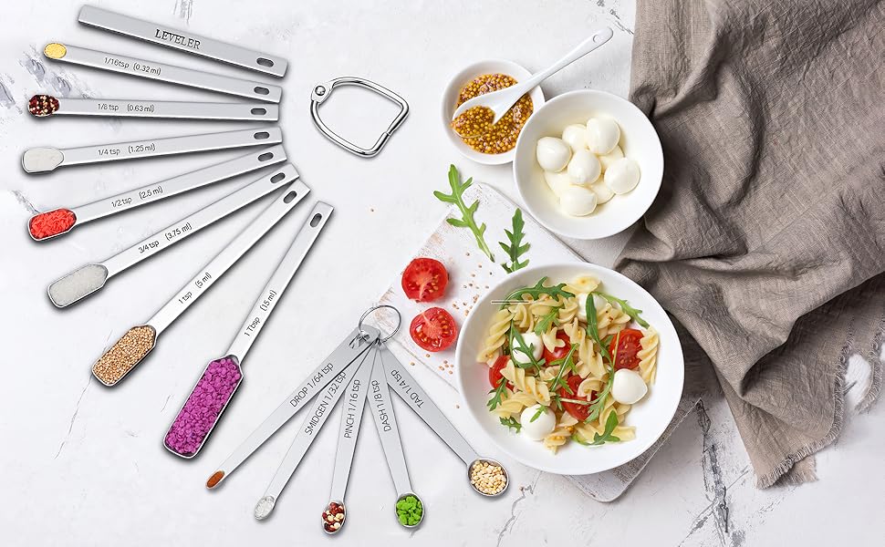 EWFEN Measuring Cups and Spoons Set, 7 Stainless Steel Nesting Measuring Cups & 7 Spoons, 5 Mini Measuring Spoons &1 Leveler, Kitchen Gadgets for Cooking & Baking, Square