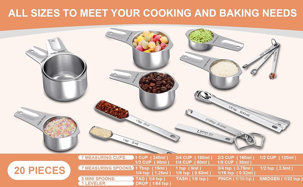 EWFEN Measuring Cups and Spoons Set, 7 Stainless Steel Nesting Measuring Cups & 7 Spoons, 5 Mini Measuring Spoons &1 Leveler, Kitchen Gadgets for Cooking & Baking, Square