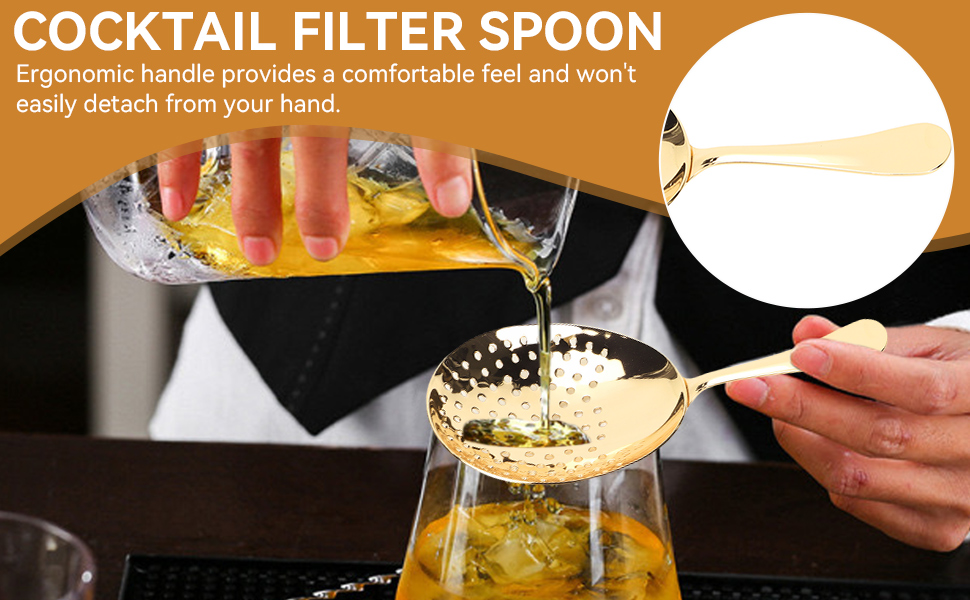 Julep Strainer Cocktail Spoon, Gold Cocktail Strainer Small Strainer with Handle Stainless Steel Cocktail Strainer Bar Tool for Home or Commercial Use