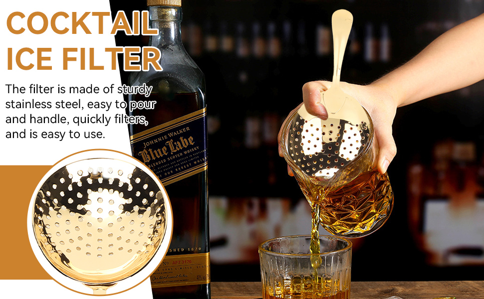 Julep Strainer Cocktail Spoon, Gold Cocktail Strainer Small Strainer with Handle Stainless Steel Cocktail Strainer Bar Tool for Home or Commercial Use