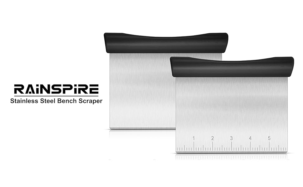 Rainspire Bench Scraper, Stainless Steel Dough Scraper, Pastry Scraper, Pizza and Dough Cutter Multi-Purpose Scraper/Chopper, Pizza Cutter Food Chopper Baking Supplies Kitchen Gadgets, Black