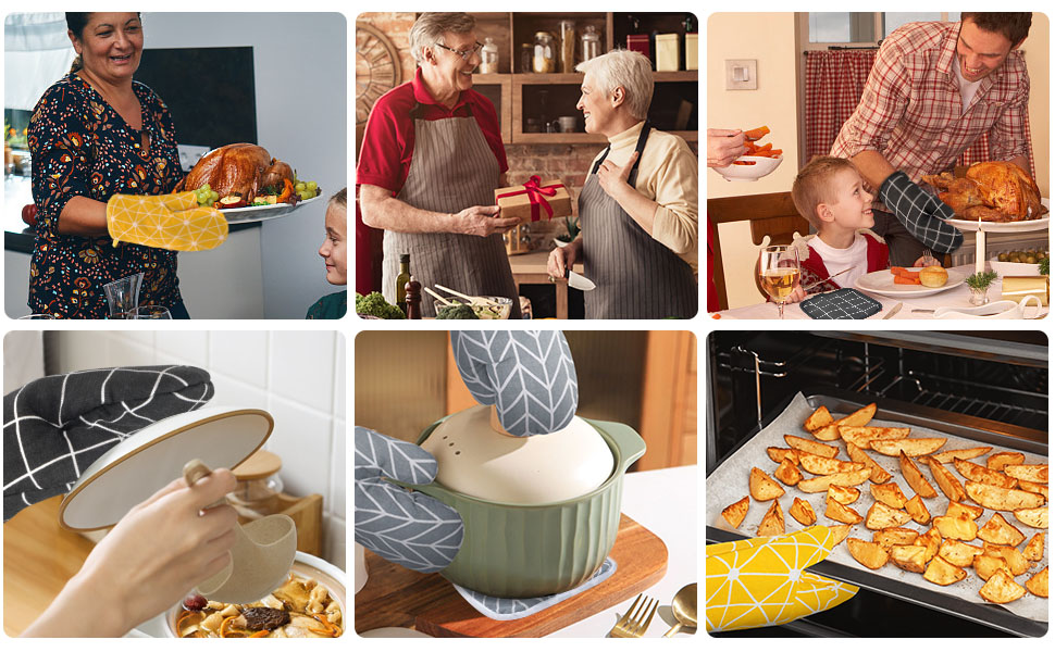 AUAUY Oven Mitts and Potholders BBQ Gloves-Oven Mitts and Pot Holders with Recycled Infill Silicone Non-Slip Cooking Gloves for Cooking Baking Grilling (6-Piece Set,Yellow)