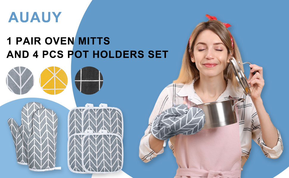 AUAUY Oven Mitts and Potholders BBQ Gloves-Oven Mitts and Pot Holders with Recycled Infill Silicone Non-Slip Cooking Gloves for Cooking Baking Grilling (6-Piece Set,Yellow)