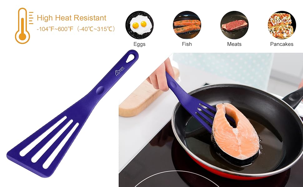 HOTEC 600℉ Heat Resistant Silicone Slotted Fish Turner Spatula Set, BPA Free Kitchen Cooking Spatulas, for Non Stick Cookware Dishwasher Safe Classic Blue, set of 2