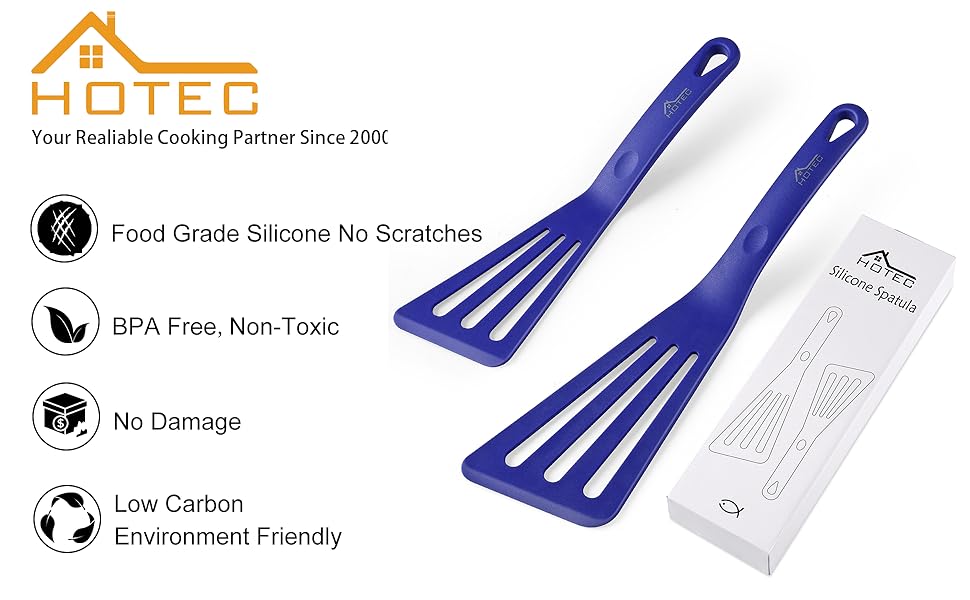 HOTEC 600℉ Heat Resistant Silicone Slotted Fish Turner Spatula Set, BPA Free Kitchen Cooking Spatulas, for Non Stick Cookware Dishwasher Safe Classic Blue, set of 2