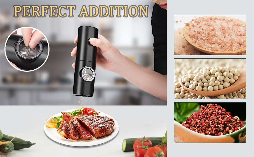 Electric Pepper Grinder or Salt Mill, Battery Powered Automatic Pepper Mill, Ceramic Grinder with Adjustable Coarseness, LED Light, One Hand Operation (1 pack)