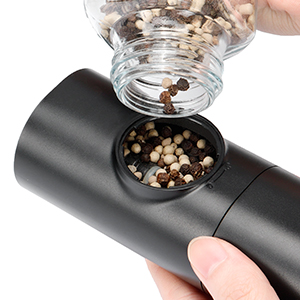 Electric Pepper Grinder or Salt Mill, Battery Powered Automatic Pepper Mill, Ceramic Grinder with Adjustable Coarseness, LED Light, One Hand Operation (1 pack)