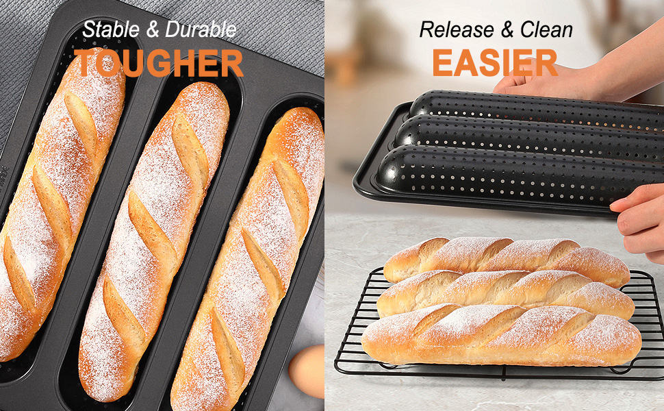 CHEFMADE Perforated Baguette Pan, Non-stick 3-slot French Bread Pan Baguette Baking Loaf Bakeware