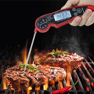 Meat Thermometer Digital for Grilling and Cooking - ANDAXIN Waterproof Ultra-Fast Instant Read Food thermometers with Backlight & Calibration for Kitchen, Deep Fry, BBQ, Grill(Red/Black), LCD