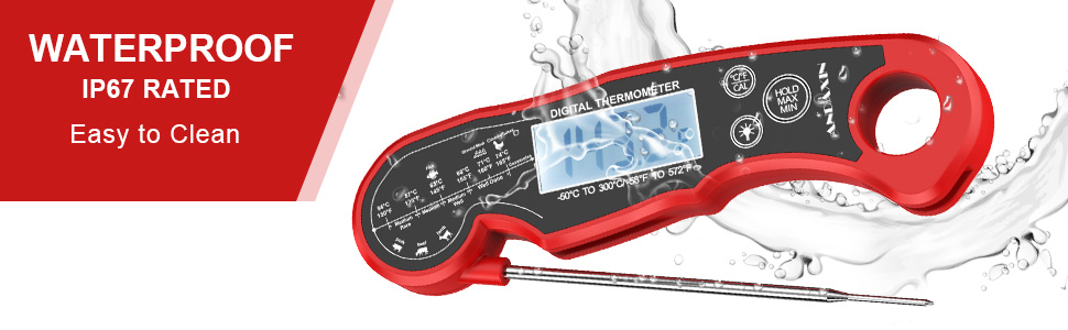 Meat Thermometer Digital for Grilling and Cooking - ANDAXIN Waterproof Ultra-Fast Instant Read Food thermometers with Backlight & Calibration for Kitchen, Deep Fry, BBQ, Grill(Red/Black), LCD
