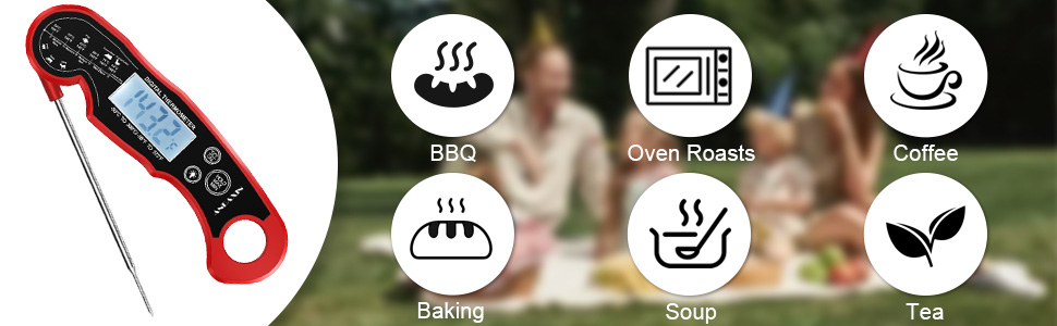 Meat Thermometer Digital for Grilling and Cooking - ANDAXIN Waterproof Ultra-Fast Instant Read Food thermometers with Backlight & Calibration for Kitchen, Deep Fry, BBQ, Grill(Red/Black), LCD