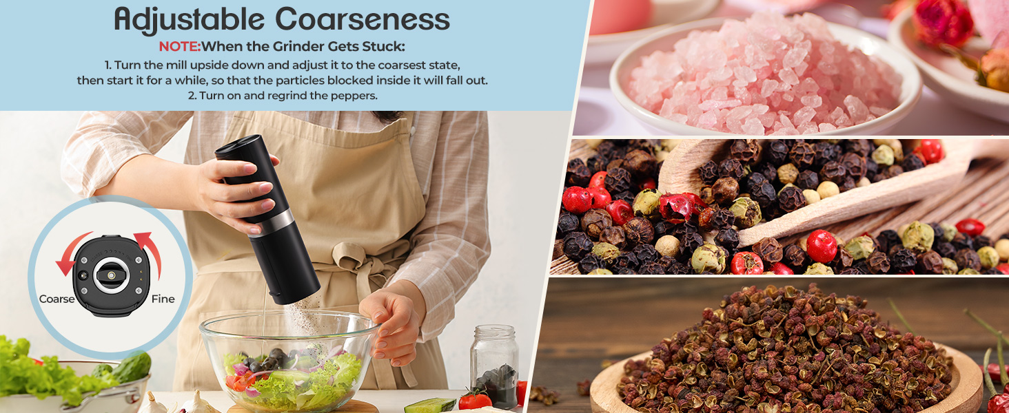 Electric Salt and Pepper Grinder Set, New Rechargeable Salt and Pepper Mill with Charging Base, Adjustable Coarseness Shakers with LED Light, One Hand Operation for Kitchen Appliances Gifts for Women