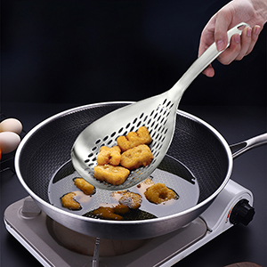 Suwimut 2 Pack Skimmer Slotted Spoon, 13.6 Inch Large Stainless Steel Skimmer Ladle Spoon Spider Strainer with Handle and Hanging Holes, Fryer Scoop Kitchen Colander for Cooking, Draining and Frying