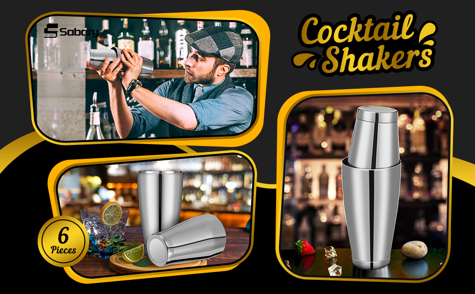 Sabary 6 Pcs Cocktail Shakers Professional Bar Shaker Boston Set Stainless Steel Martini Drink Mixer Basic Tool Weighted Shake Metal Can Cocktail Shaker Set, 18 Oz, 28 oz (Silver)