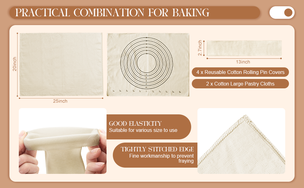 Tessco 6 Pieces Pastry Cloth and Rolling Pin Cover Set Includes 2 Pcs 25 x 20 Inch Large Cotton Pastry Mat 4 Pcs 14 x 2.5 Inch Rolling Pin Cover Sleeves for Dough Bread Pie Baking Kitchen Supplies