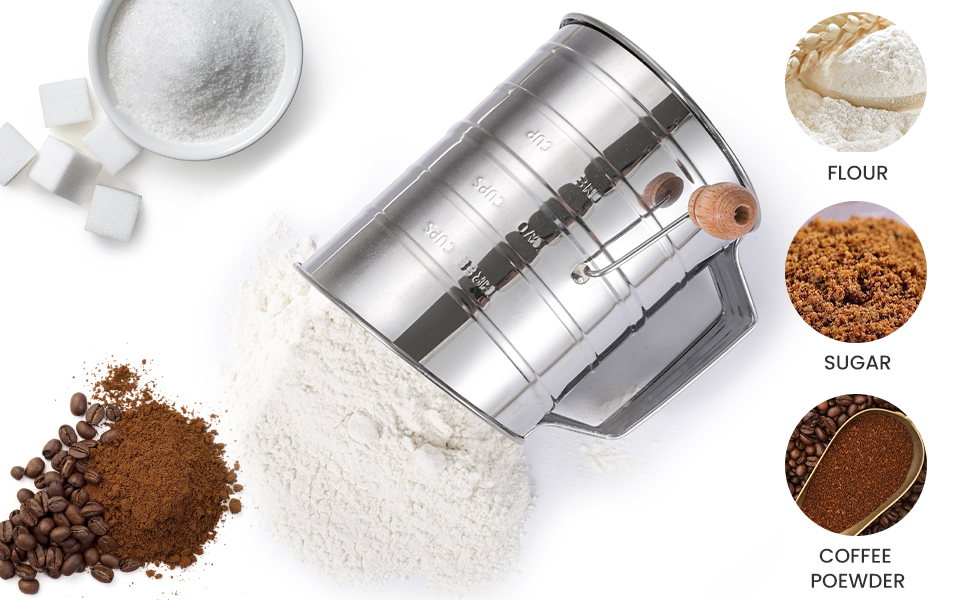 Flour Sifter, 3 Cup Flour Sifter for Baking Fine Mesh Rotary Hand Crank with Loop Agitator for Quick Sifting, Flour Sifter Stainlees Steel, Crank Sifter Flour for Baking Cakes and Spices Toresano