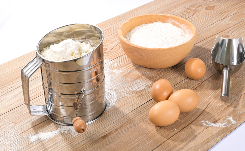 Flour Sifter, 3 Cup Flour Sifter for Baking Fine Mesh Rotary Hand Crank with Loop Agitator for Quick Sifting, Flour Sifter Stainlees Steel, Crank Sifter Flour for Baking Cakes and Spices Toresano