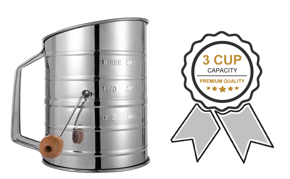 Flour Sifter, 3 Cup Flour Sifter for Baking Fine Mesh Rotary Hand Crank with Loop Agitator for Quick Sifting, Flour Sifter Stainlees Steel, Crank Sifter Flour for Baking Cakes and Spices Toresano