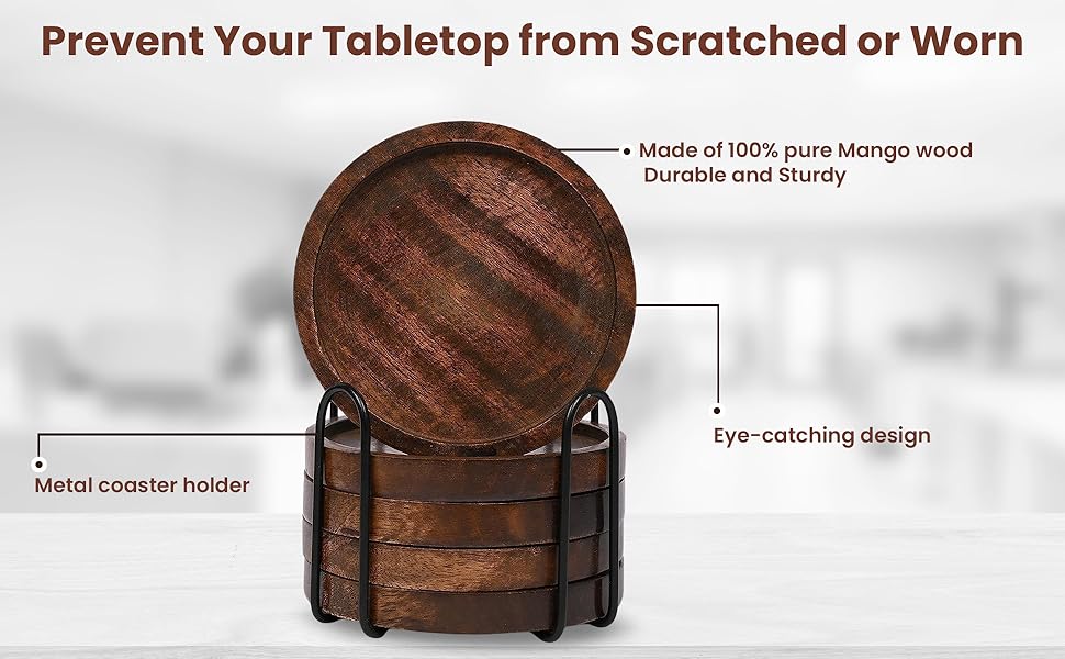 SAMHITA Mango Wood Coasters for Drinks with Iron Holder Stand Set of 5 for Drinking Glasses, Tabletop Protection for Any Table Type