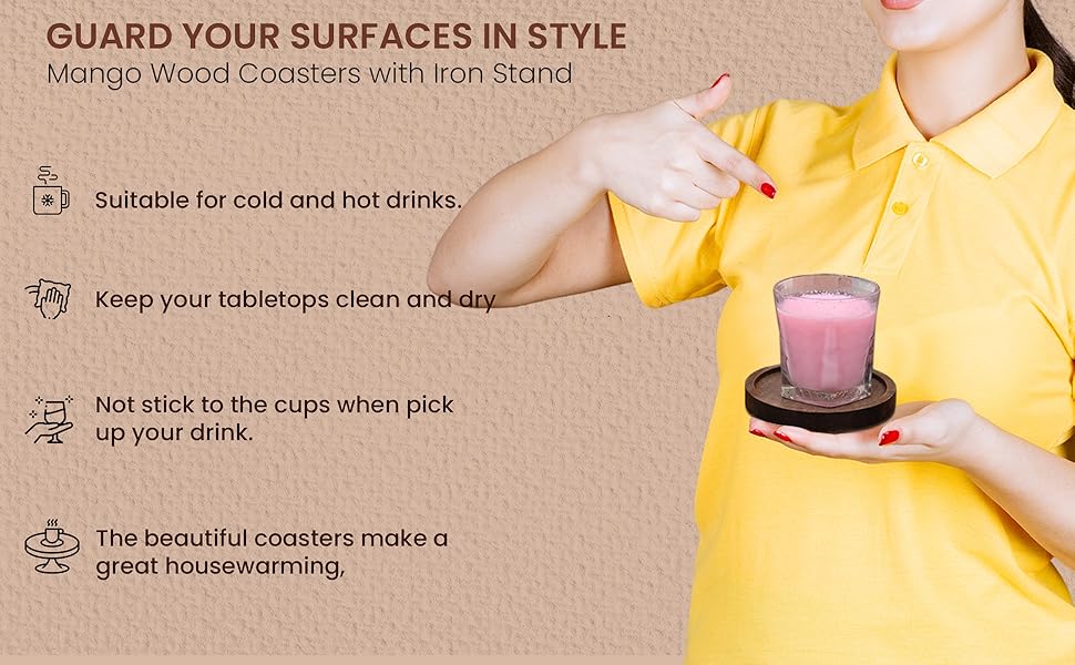 SAMHITA Mango Wood Coasters for Drinks with Iron Holder Stand Set of 5 for Drinking Glasses, Tabletop Protection for Any Table Type