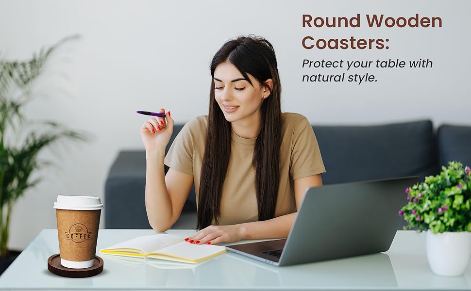 SAMHITA Mango Wood Coasters for Drinks with Iron Holder Stand Set of 5 for Drinking Glasses, Tabletop Protection for Any Table Type