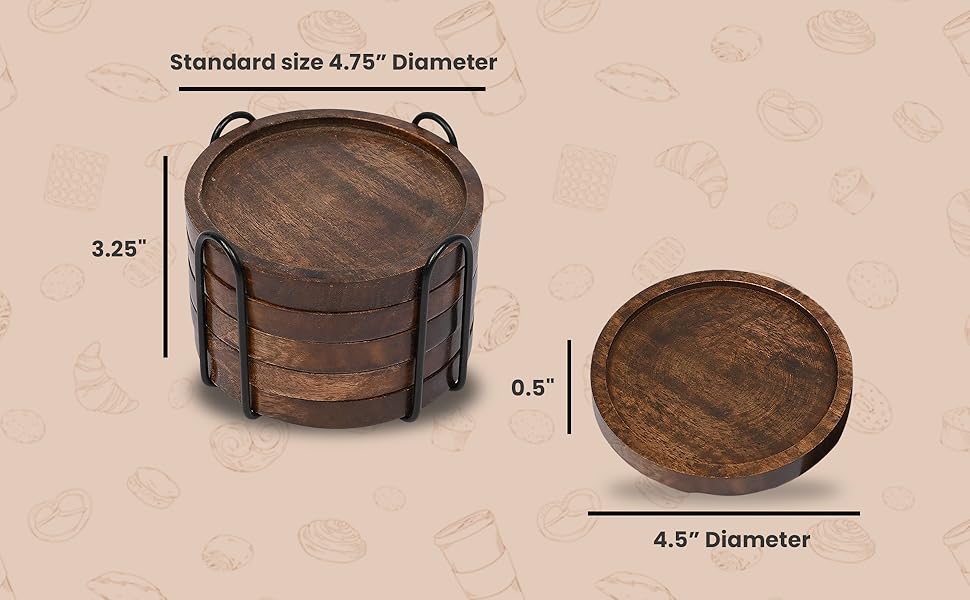 SAMHITA Mango Wood Coasters for Drinks with Iron Holder Stand Set of 5 for Drinking Glasses, Tabletop Protection for Any Table Type