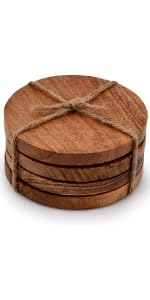 SAMHITA Mango Wood Coasters for Drinks with Iron Holder Stand Set of 5 for Drinking Glasses, Tabletop Protection for Any Table Type