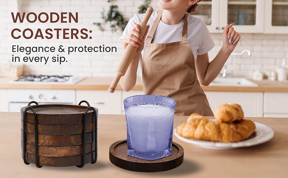 SAMHITA Mango Wood Coasters for Drinks with Iron Holder Stand Set of 5 for Drinking Glasses, Tabletop Protection for Any Table Type