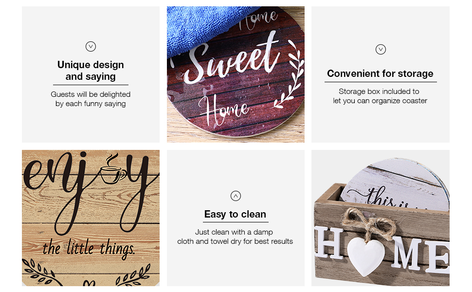 Queekay Coasters Set of 6 House Warming Gifts New Home Wooden Farmhouse Drink Coasters with Holder 4'' Funny Decoration for Kitchen Family Coffee Bar Tabletop Protection(Farmhouse Color)