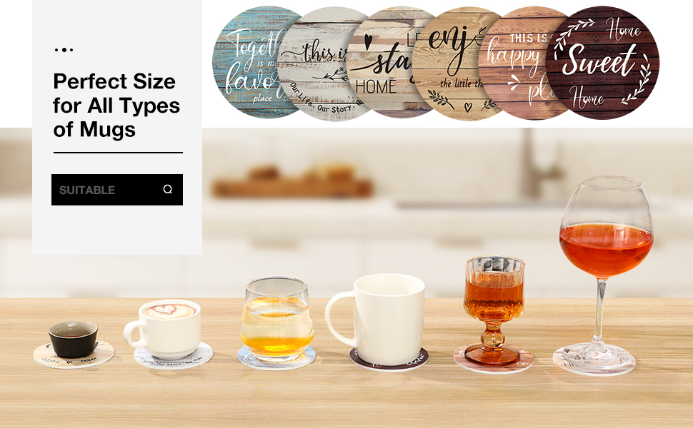 Queekay Coasters Set of 6 House Warming Gifts New Home Wooden Farmhouse Drink Coasters with Holder 4'' Funny Decoration for Kitchen Family Coffee Bar Tabletop Protection(Farmhouse Color)