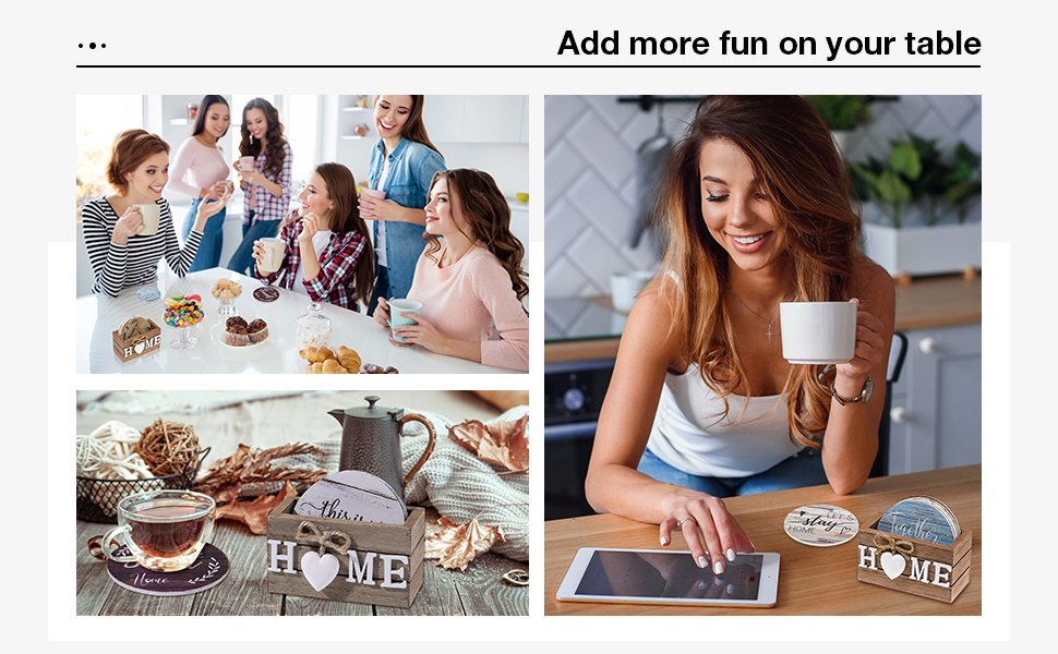 Queekay Coasters Set of 6 House Warming Gifts New Home Wooden Farmhouse Drink Coasters with Holder 4'' Funny Decoration for Kitchen Family Coffee Bar Tabletop Protection(Farmhouse Color)