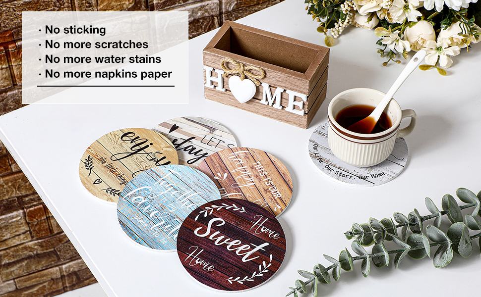 Queekay Coasters Set of 6 House Warming Gifts New Home Wooden Farmhouse Drink Coasters with Holder 4'' Funny Decoration for Kitchen Family Coffee Bar Tabletop Protection(Farmhouse Color)